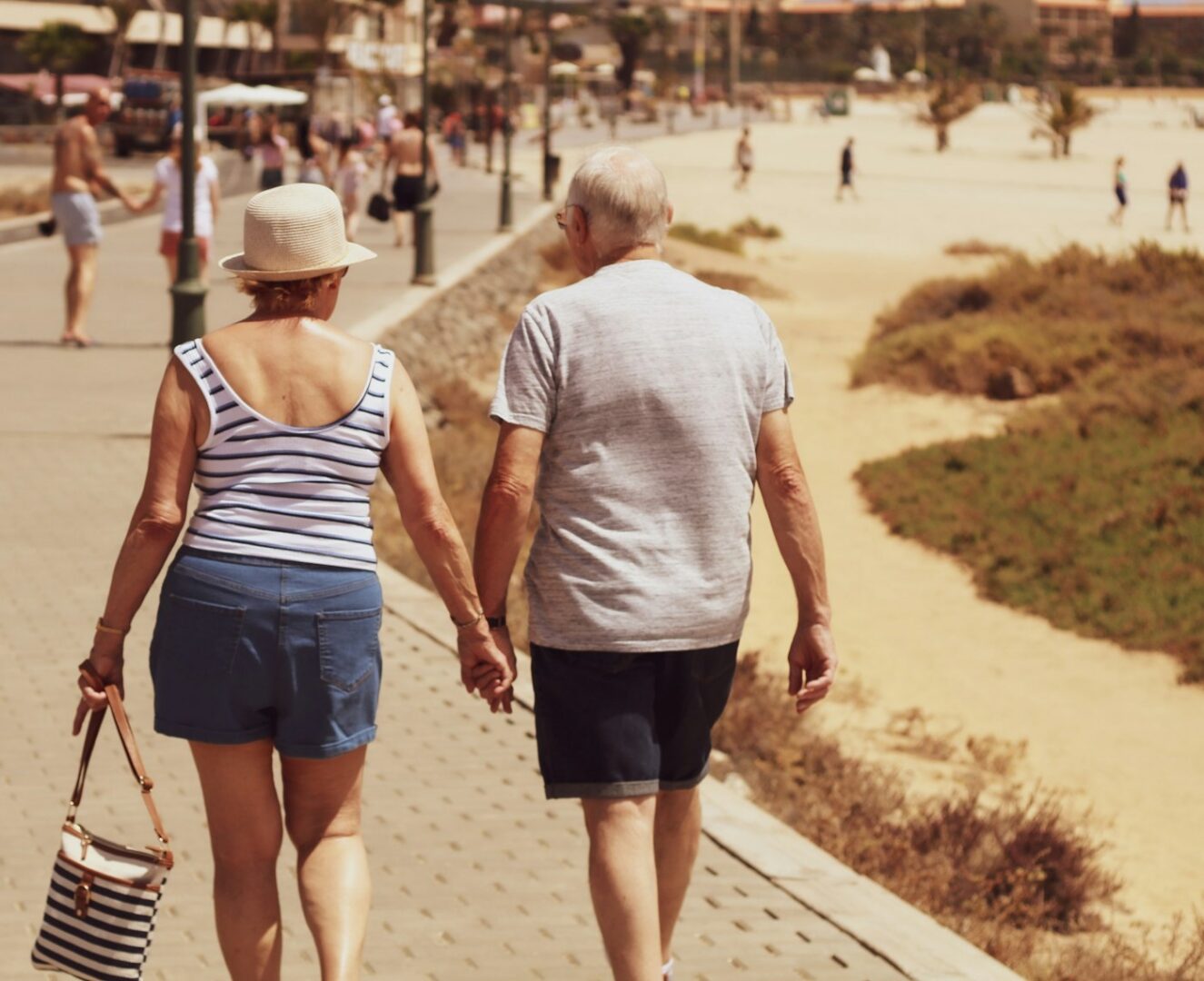 Senior couple walking hand in hand along a seaside path